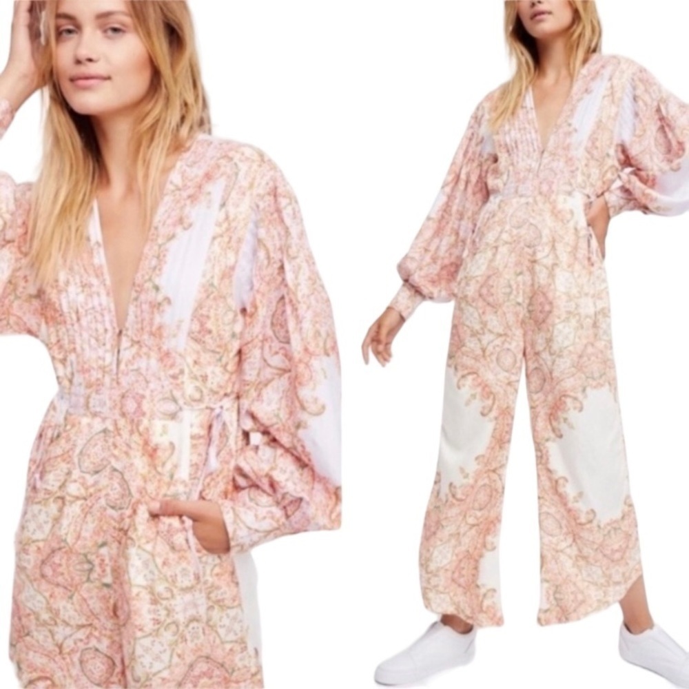 Free People Floral Peach and White Jumpsuit